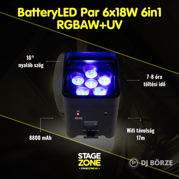 StageZone Akkumulátoros LED Par 6x18W 6in1 RGBAW+UV