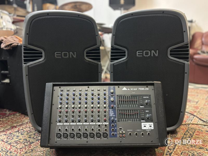 Komplett PA szett: Alto PBM 8.250 keverő-erősítő + 2db JBL EON 300 15"passzív hangfal + tokok.